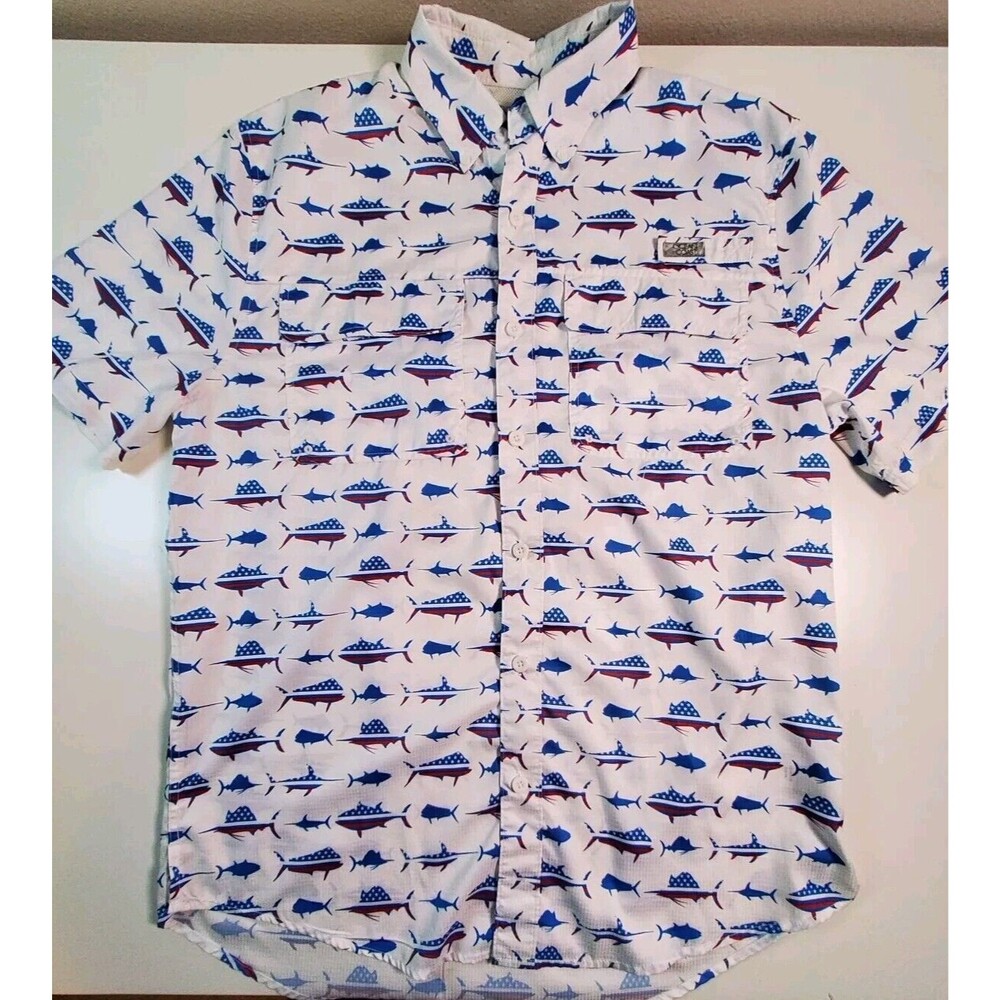 Ocean Coast Red White And Blue Fish Shirt Patriotic Stars Fishing Guide Shark S